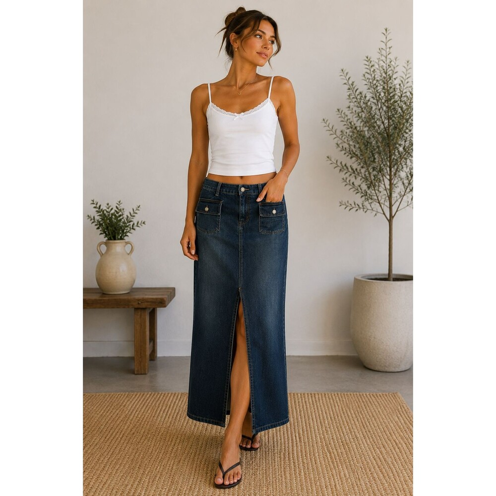 Y2K GUESS Dark Wash Denim Midi Skirt Front Slit Cargo Pocket 2000s Jean Skirt